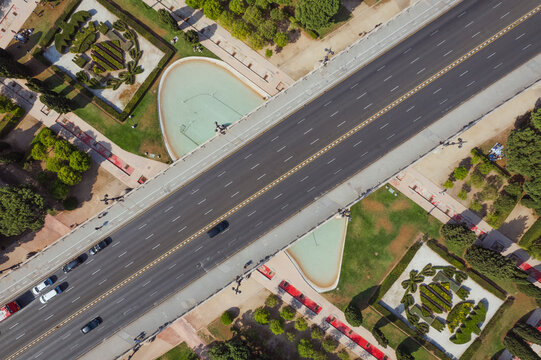Aerial view of Arago Bridge with cars on the road, Turia Park, Valencia, Spain.