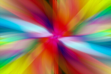 Fototapeta premium Abstract multicolored zoom effect background. Digitally generated image. Rays of versicolor light. Colorful radial blur, fast speed zooming motion, sunburst or starburst. Use for Banner Background
