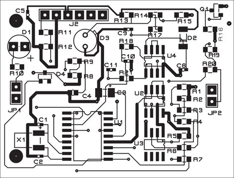 Tracing the conductors of a multilayer printed circuit board.
Vector drawing of printed tracks, transition holes,
contact pads and copper metallization areas.
Electronic circuit board with components