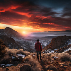 Fotografia de persona de espaldas, con ropa de montaña, contemplando el paisaje con capas de nieve y amanecer de tonos anaranjados - obrazy, fototapety, plakaty