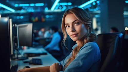 Fototapeta premium Customer service representative with curly hair talking through headset, Generative AI Illustration