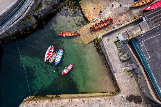 Aerial Top Down View of Boats on the Colliemore Harbour, Dalkey, Ireland.