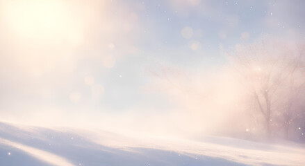 Winter landscape with sun rays and snow. AI