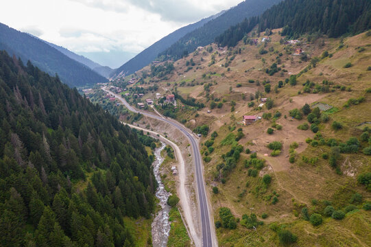 Aerial Drone View of Mountain Road in Rize, Anatolia, Turkey.