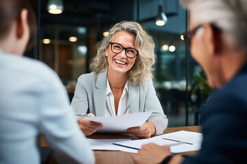 Smiling female hr hiring recruit at job interview, bank or insurance agent, lawyer making contract deal with client at work