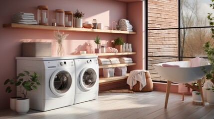A modern washing machine and shelving unit are seen in a laundry room interior. A neutral color tone is used for the laundry room, and the lighting is bright and realistic.