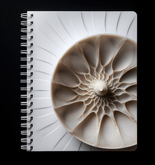 Open notebook sized on a black background, spiral design on white page of notebook