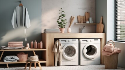 A modern washing machine and shelving unit are seen in a laundry room interior. A neutral color tone is used for the laundry room, and the lighting is bright and realistic. - obrazy, fototapety, plakaty