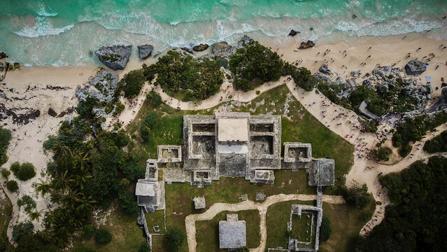 Aerial view of the Tulum ruins castle from right in top, Tulum, Quintana Roo, Mexico.