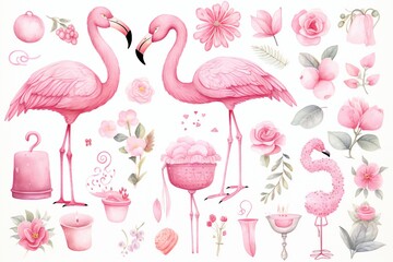 Pink pastel watercolor objects and decorations animals clip art Generative AI