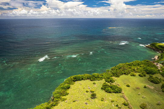 Aerial Drone View of the North Coast of Barbados, The reefs protect the cliffs from everything but the heaviest of storms, Saint Lucy, Barbados.