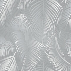 White palm tree leaves on grey background. Tropical palm leaves, floral seamless pattern vector illustration.