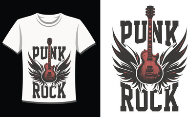 Vintage punk rock vector t-shirt design isolated on white vector tshirt. Premium quality guitar vectortype tee-shirt emblem illustration.