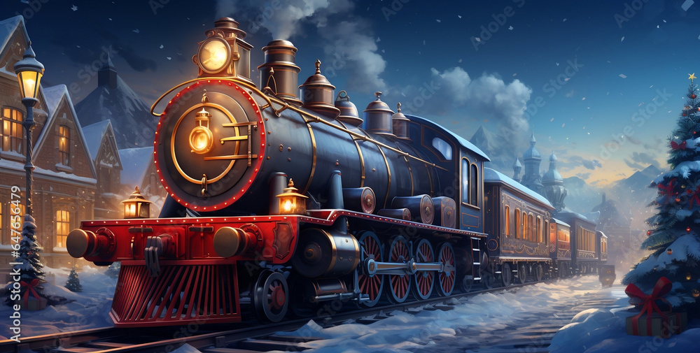 Wall mural festive illuminated christmas train on snowy background