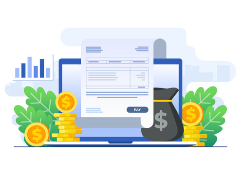 Payroll online payment flat illustration vector template, Invoice sheet, Calculate salary, Budget concept, Paycheck, wage payment