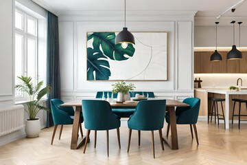 Stylish and eclectic dining room interior with map poster mock up, sharing table design chairs, gold pedant lamp and elegant sofa in the second room. White walls, wooden parquet.