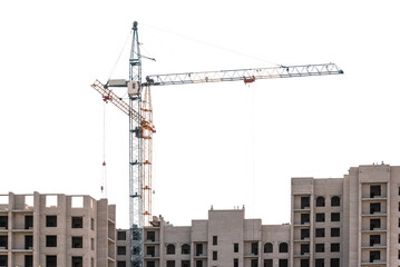 Construction of multi-storey buildings with tower cranes on a white isolated background.