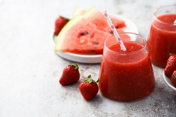 Refreshing watermelon drink with fresh strawberry