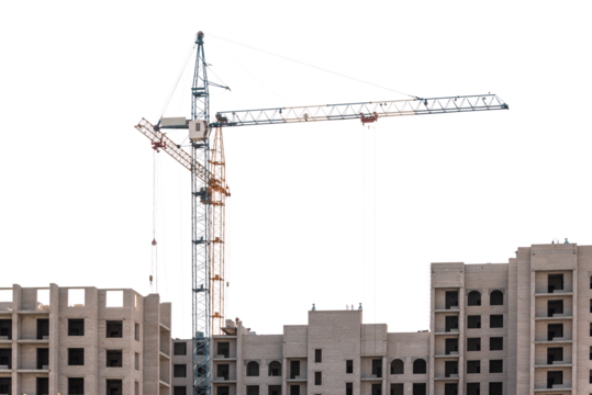 Construction of multi-storey buildings with tower cranes on a white isolated background.