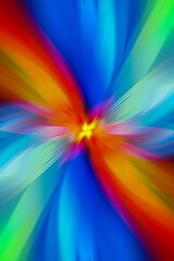 Fototapeta premium Abstract multicolored zoom effect background. Digitally generated image. Rays of versicolor light. Colorful radial blur, fast speed zooming motion, sunburst or starburst. Use for Banner Background