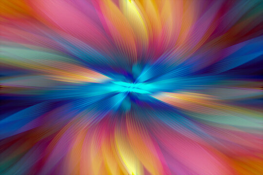 Abstract multicolored zoom effect background. Digitally generated image. Rays of versicolor light. Colorful radial blur, fast speed zooming motion, sunburst or starburst. Use for Banner Background