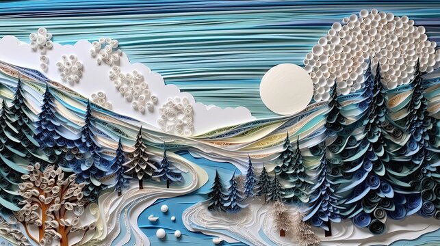 Paper Quilling of Snowy River Landscape, Generative AI Illustration