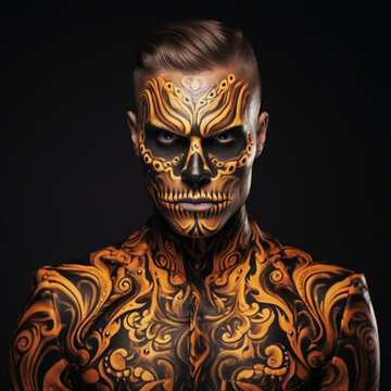 Fotografia de atractivo hombre con maquillaje y tatuajes de estetica Halloween y tonos naranja