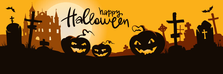 Funny pumpkin lanterns in a gloomy graveyard. Vector illustration, backgrounds for Halloween.	