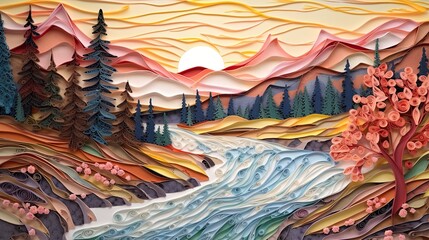 Paper Quilling of Snowy River Landscape, Generative AI Illustration