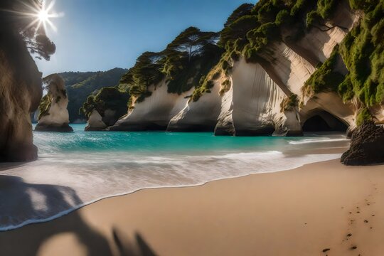 Cathedral Cove beach in summer without people during daytime4k, 8k, 16k, full ultra hd, high resolution and cinematic photography --ar 32 --v 5 --upbeta --v 5