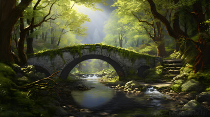Step into a fairytale world with this enchanting scene. It showcases a moss-covered bridge arching...