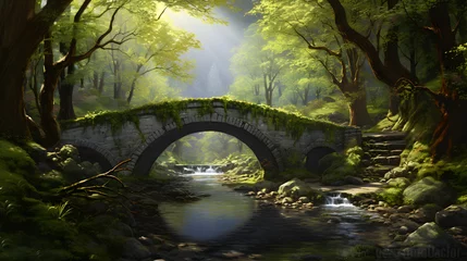 Fototapete Waldfluss Step into a fairytale world with this enchanting scene. It showcases a moss-covered bridge arching gracefully over a serene forest stream. The verdant surroundings and dappled sunlight create a dream.