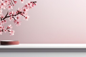 Product display podium with blossom flowers on white background. 3D rendering. generative ai.