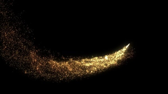 4k Gold Particles Trail. Motion Background. Golden glitter particle. Isolated on black. Animated Overlay. Defocused bokeh. Logo or text revealer. 2160p. 60 fps