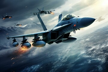 Fighter jets soar over ocean. Generative AI