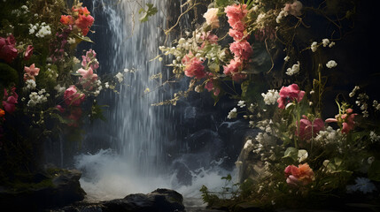 Experience the majesty of a cascading waterfall surrounded by a riot of wildflowers. This awe-inspiring photograph captures the raw power of nature juxtaposed with the delicate beauty of its floral.