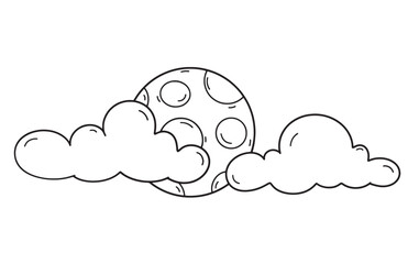Coloring page. Black and white vector illustration. Moon coloring page halloween. Clouds, full moon, night, eclipse, cloudy.