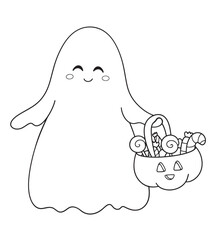 Halloween coloring page for kids. Trick or Treat. Ghost with sweets, cemetery. Cartoon children in Halloween costumes. Cute children, pumpkin, bat, zombie, mummy, crypts with pumpkins.