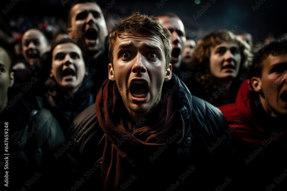 Aufkleber a crowd of furious fans at a soccer game their intense expressions highlighted against a background 