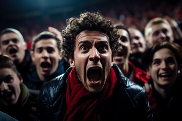 A crowd of furious fans at a soccer game their intense expressions highlighted against a background with empty space for text 