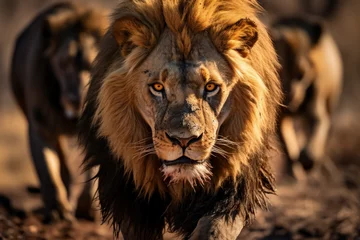 Fotobehang Hyena A fierce stare-down between a territorial male lion and a pack of hyenas fighting for a freshly killed wildebeest carcass 