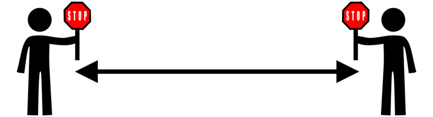 social distance icon sets. Social distancing set of icons. Simple man or woman black and white silhouettes with arrow distance between.