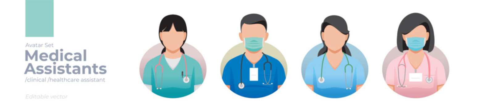 Medical assistant picture avatar icons. Illustration of men and women wearing scrubs outfit