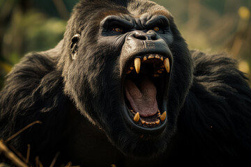 Close-up of a furious gorilla baring its teeth and glaring intensely in the wild 