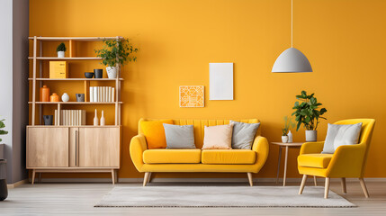 sophisticated living room in light shades of yellow, overtone.