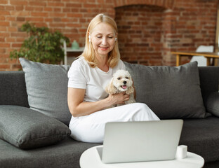 Happy senior woman watch video online using laptop and earphones while sitting on sofa at home with pet dog. Modern gadgets and technologies