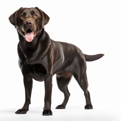 A chocolate Labrador retriever, sitting, isolated on white background
