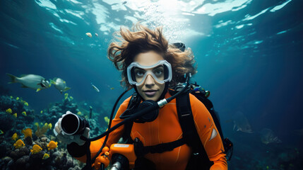 Naklejka na ściany i meble Young woman scuba diver underwater in coral reef with tropical fish.