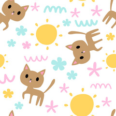 vector seamless pattern with hand drawn elements, sun and cat.