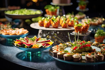 buffet food, catering food party at restaurant, mini canapes, snacks and appetizers - obrazy, fototapety, plakaty